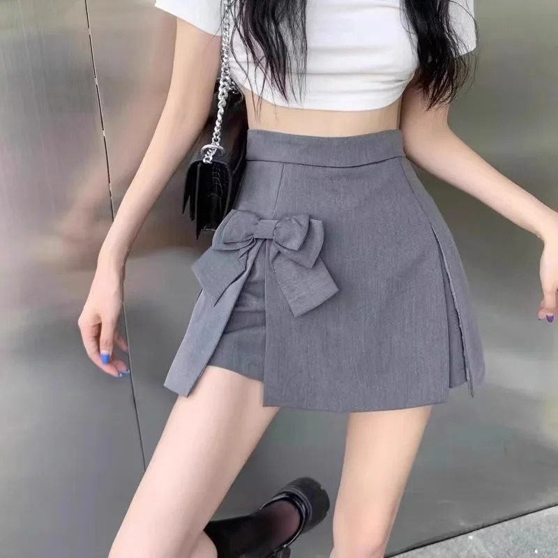 2025 Summer Women Preppy Solid Short Skirt With Big Bow Side Split Pencil Skirts Young Girls High Waist All-Matching Bottoms