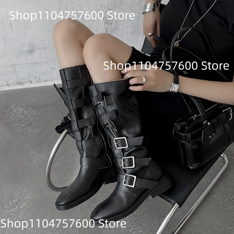 Women's Black Leather Knee-High Combat Boots Multi-Buckle Straps Detail Design Low Block Heel Punk Street Lady Daily Casual Boot