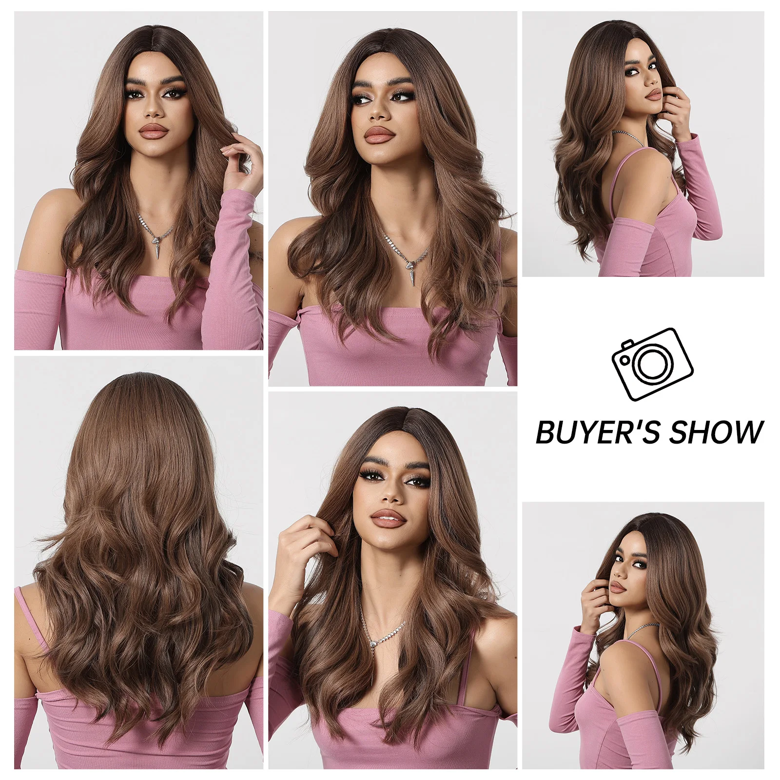 HENRY MARGU Honey Brown Synthetic Wigs Natural Wavy Wig for Women Ombre Brown Daily Soft Hair High Temperature Fiber Party Use