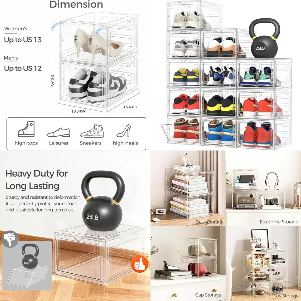 

Набор из 12 прозрачных пластиковых коробок для хранения обуви X-Large, толстые и прочные, штабелируемые органайзеры с магнитной дверцей для шкафа и кроссовок