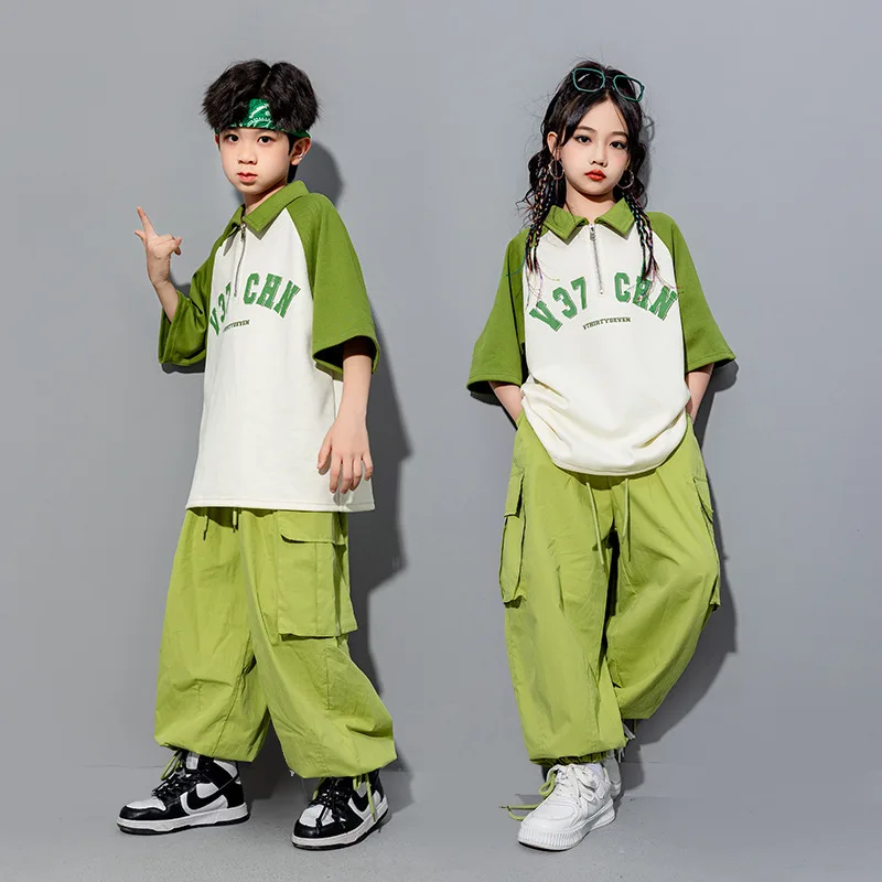 Hip Hop Mädchen Kleidung Kinder Jazz Street Dance Kostüm Grün Kragen T-shirt Denim Hosen Cargo Hosen für Jungen Performance Outfit