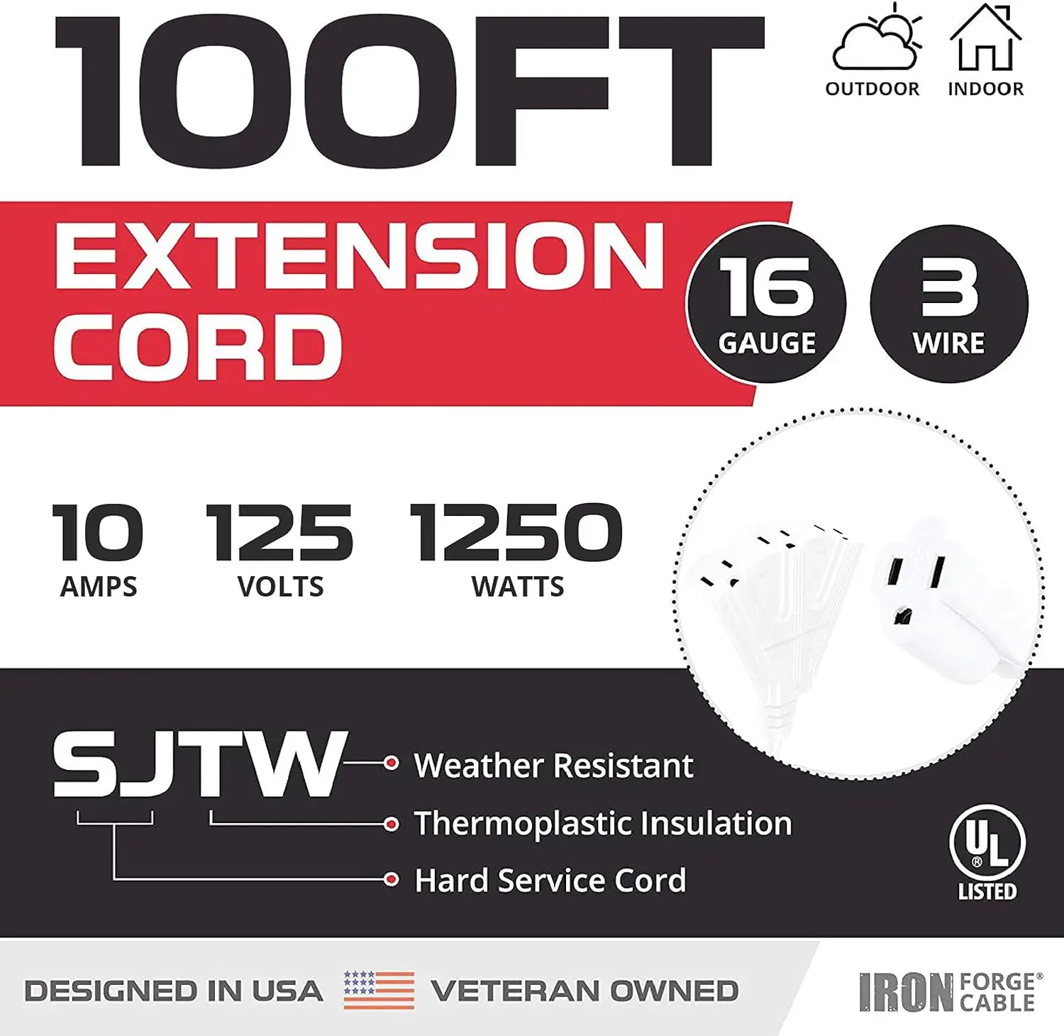 100 ft long extension cord 3 receptacles 3 plugs, 16/3 weatherproof white extension cord, multiple receptacles 100 ft