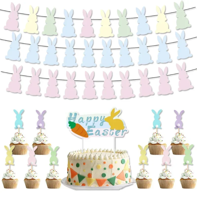 Easter Themed Party Decorative Set Pastel Colourful Bunny with Hairy Tail Carrot Banner Garlands Cake Toppers Decorations Supply