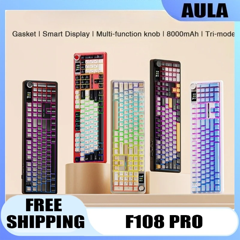 

AULA F108Pro Wireless Bluetooth Macro Gaming Keyboard Gasket Hot-swap Full Size Keyboard with TFT Smart Display Tri-mode 8000mAh
