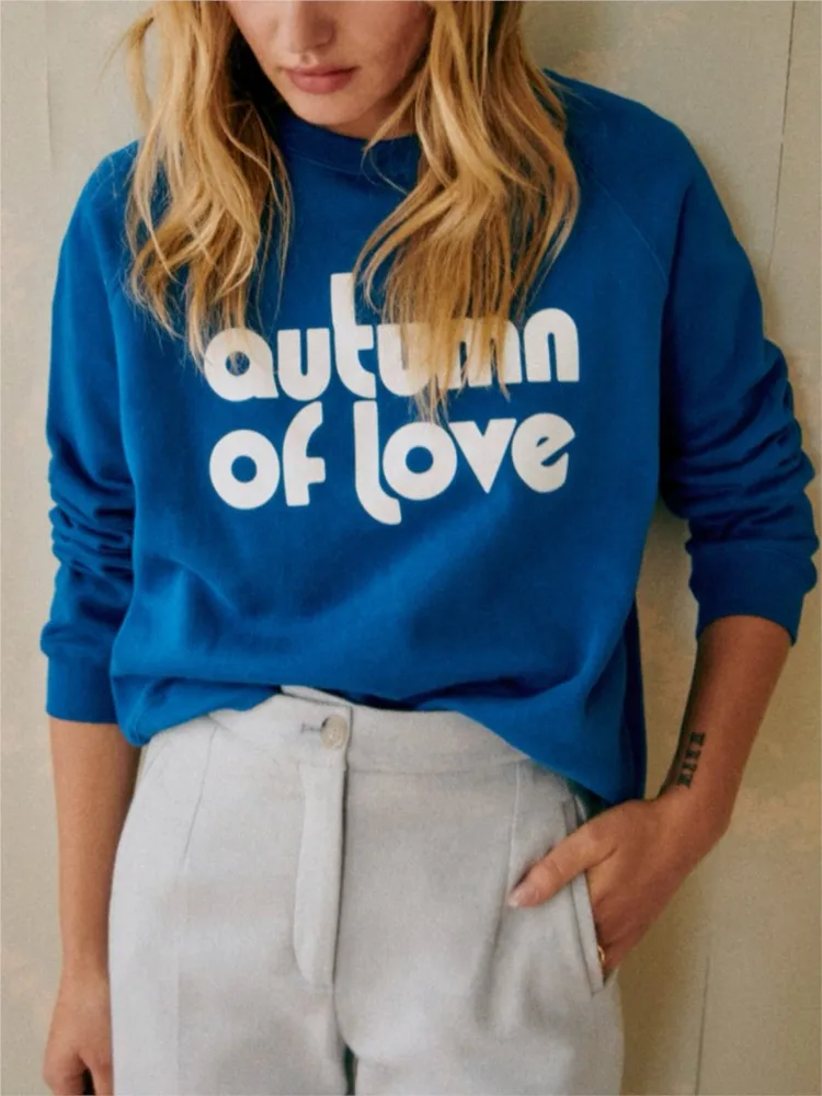

Letter Print Sweatshirt Women Autumn 2023 New Round Neck Long Sleeve Vintage Sweatshirts Female Casual Elegant Chic Pullover