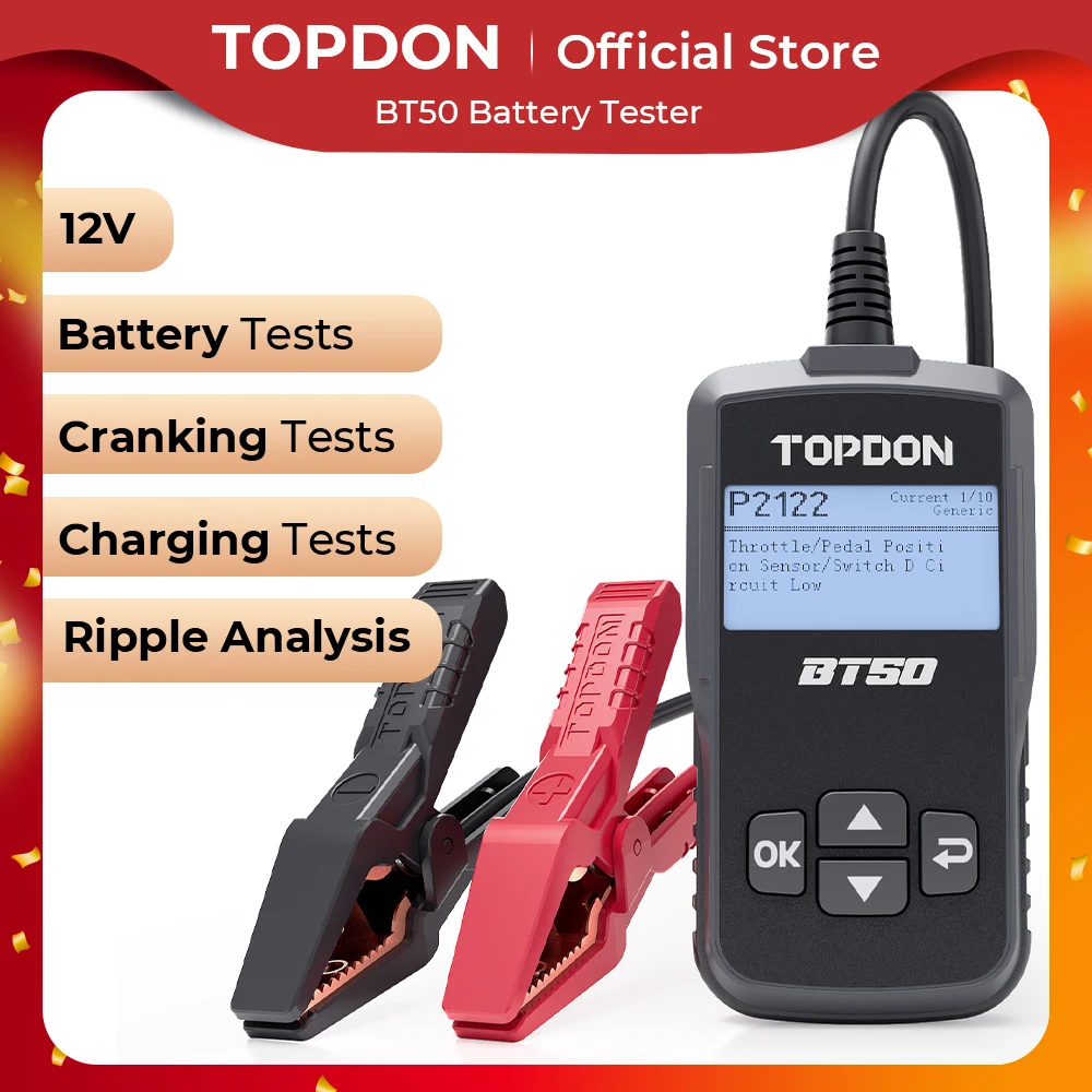 

TOPDON BT50 Car Battery Tester 12V 100 to 2000CCA Cranking Charging Circut Tester Battery Analyzer Battery Tools