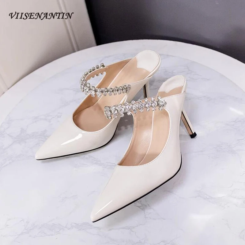 Delicate Rhinestone Belt Sandals for Women Pointed Toe Thin Heel Summer Slippers Patent Leather Flat Low Heel Mules Casual Shoes