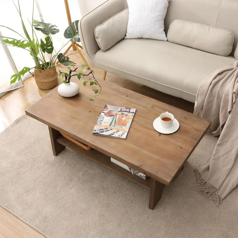 Mid Century Modern 43.4 Solid Fir Rectangle Coffee Table for Living Room in Brown