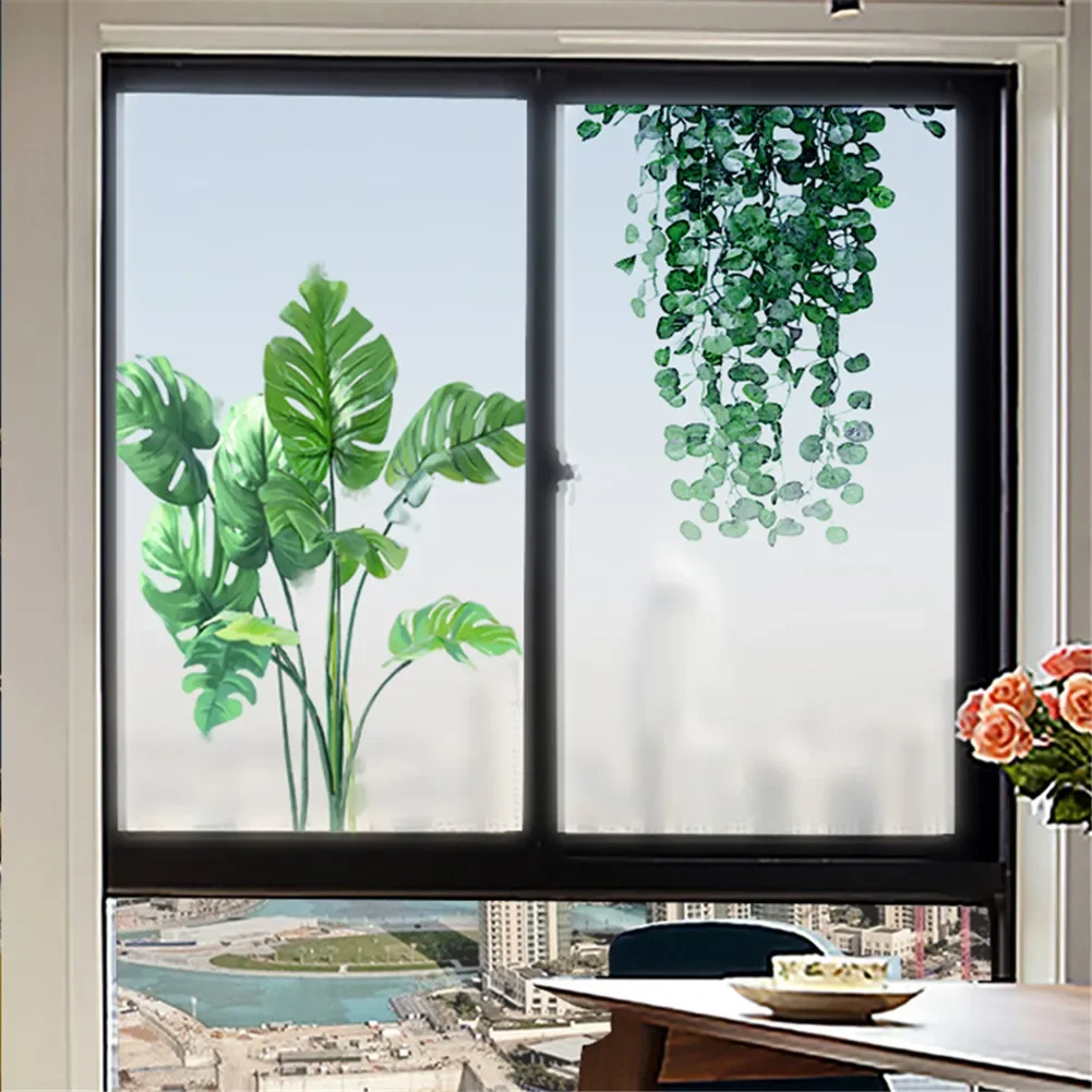 Static Cling Privacy Windows Film Decorative Green Plants Stained Glass Window Stickers   Frosted Windows Film for Home 37