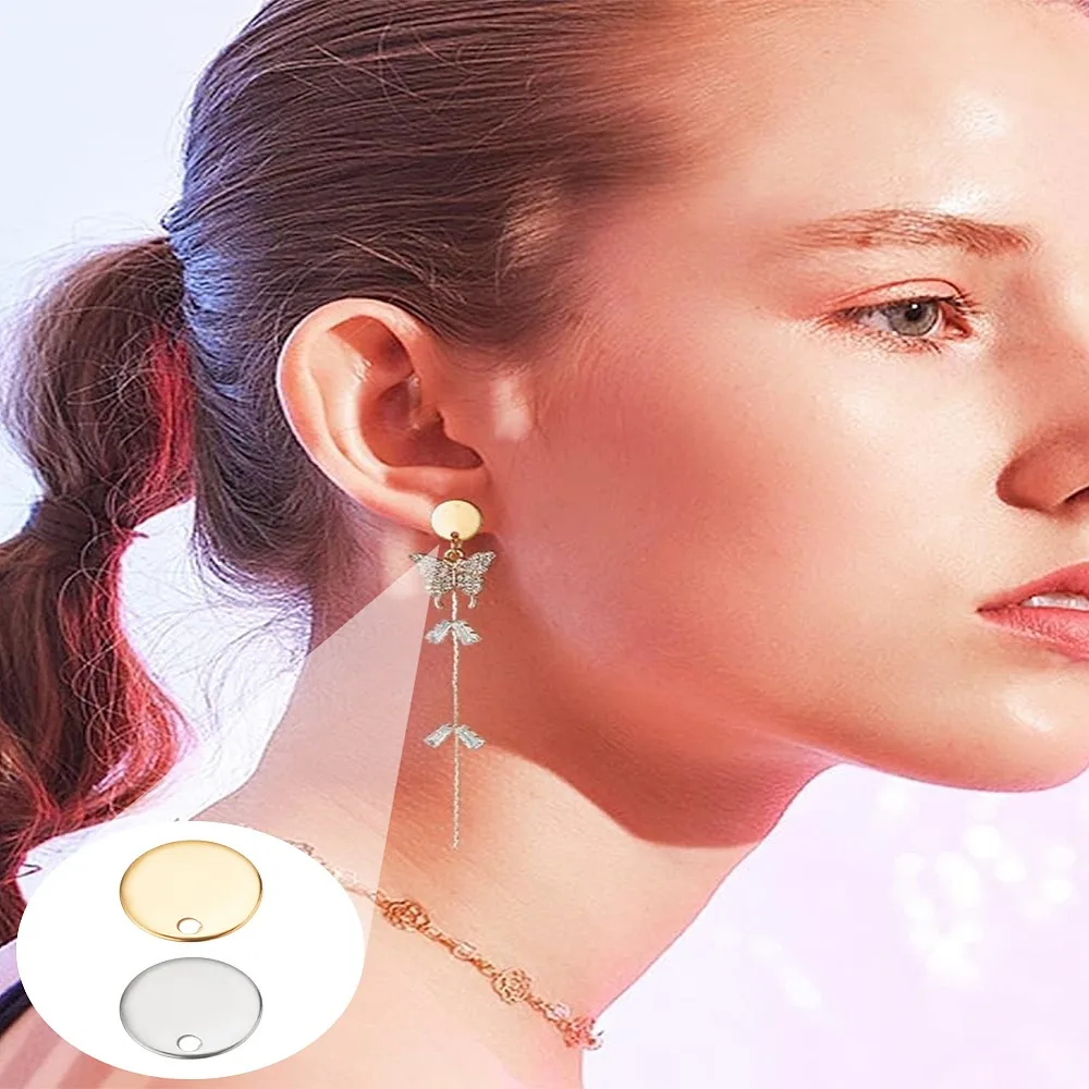 1 مجموعة 16cs 2 ألوان أيون تصفيح (IP) 304 الفولاذ المقاوم للصدأ قرط الاذن المرصع النتائج مع حلقة ولوحة مسطحة الأذن المكسرات/القرط ظهورهم #4