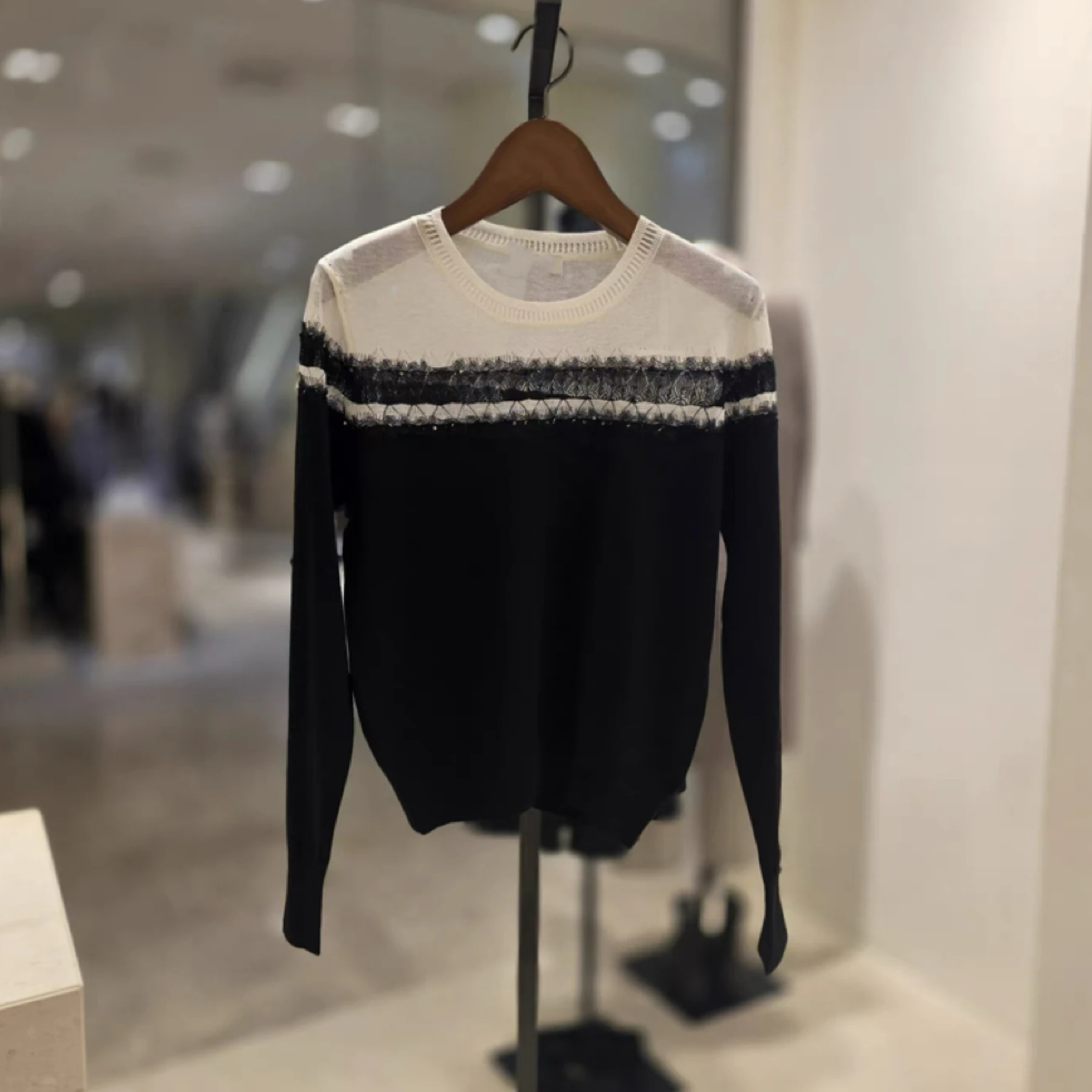 Slimming Knitted Sweater Elegant Hollow out round Neck Fashionable MIC26 Spring Versatile Pearlescent Knitwear for Women