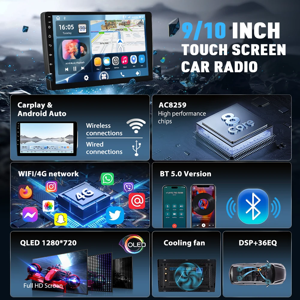 Podofo 4G Carplay 2DIN Android Radio Multimedia para coche, reproductor para Peugeot 308 408 2007 2008-2015 DSP, navegación GPS, WIFI, RDS, Bluetooth, Android, autoradio, receptor FM