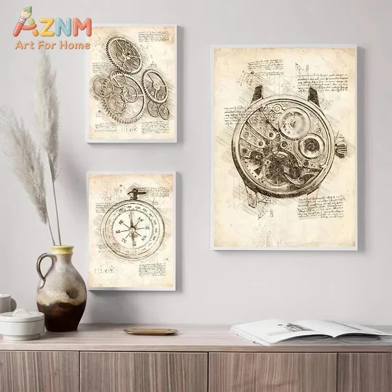 AZNM Vintage Watch Sketch Poster Gear Watch Design Manuscript Canvas Painting HD Print Modern Wall Art Picture Bedroom Decor