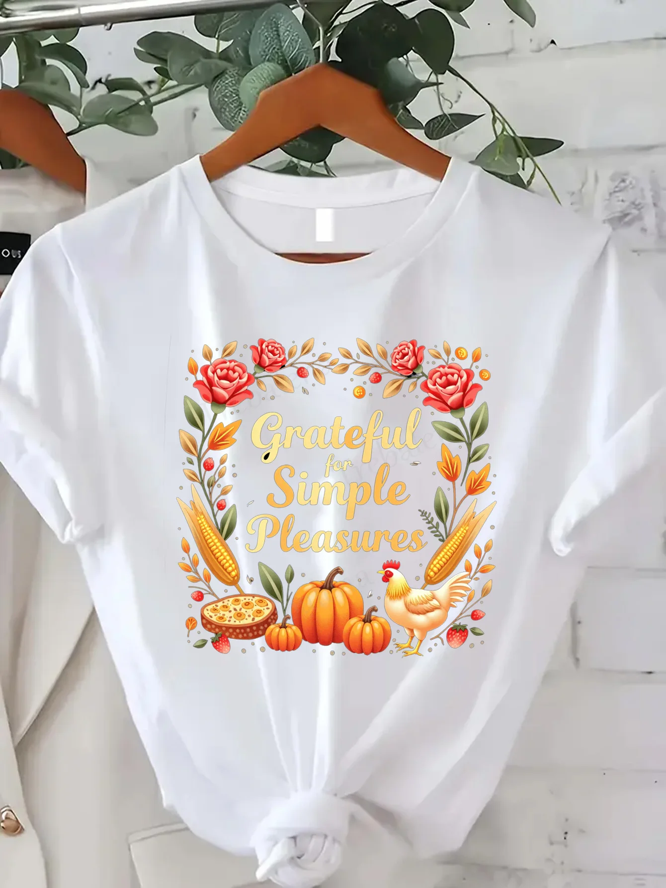

Comfortable Women's Print T-shirt "Grateful Simple Pleasures T-Shirt - Fall Harvest Design for Women"