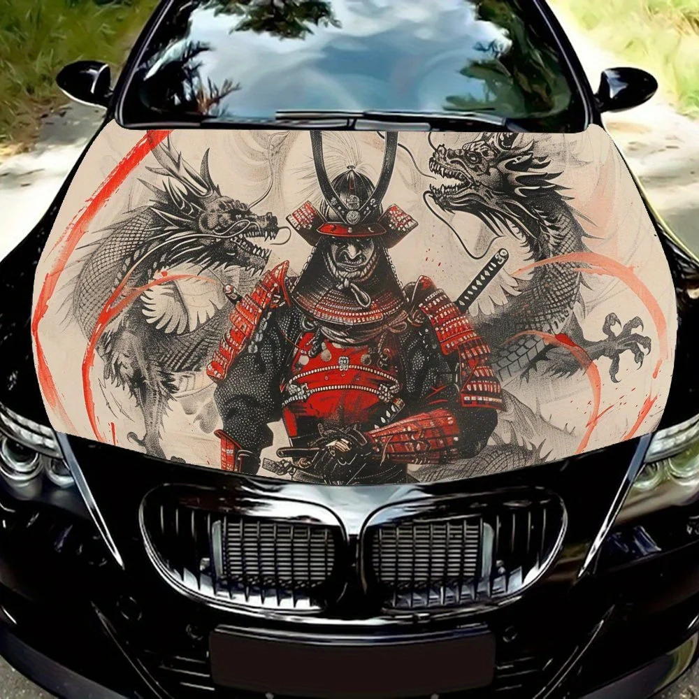 The Japanese Warrior Wearing Armor Has A Black and White Dragon Behind Him Car Hood Wrap Color Vinyl Sticker Truck Graphic Bonne