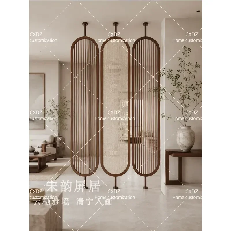 2026 New Grille Rattan Screen Solid Wood Stand Tall Rotatable Partition for Living Room Entrance Divider