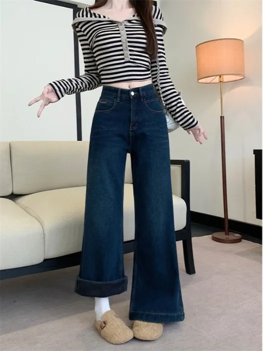 

Retro Thickened Fleece High Waist Wide Leg Jeans Women's Spring New Style Versatile Slimming Loose Straight Cut Denim Pants