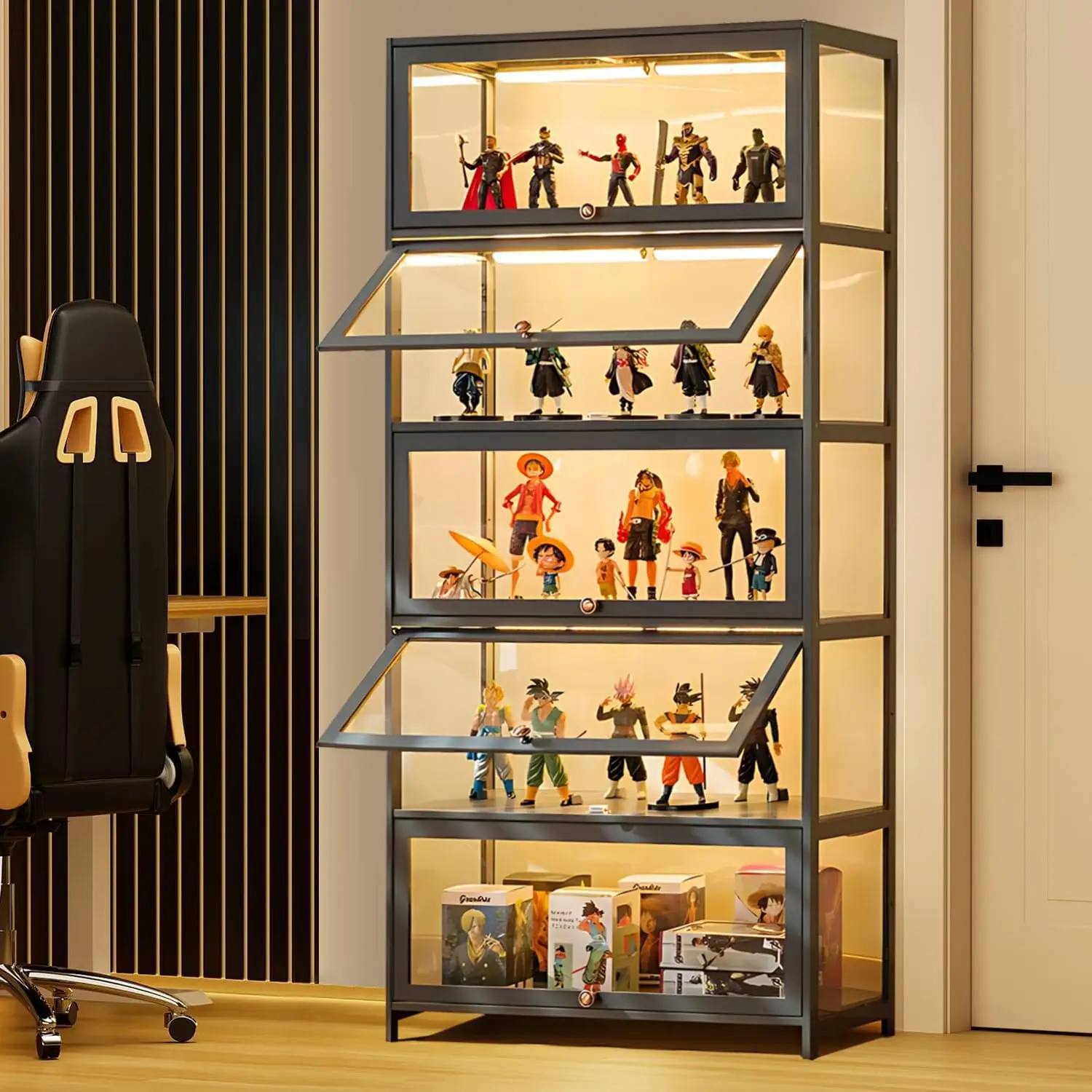 5-Tier Display Cabinet with Acrylic Doors, 67” Transparent Bamboo Curio Display Case for Figures, Display Shelves for Collectibl