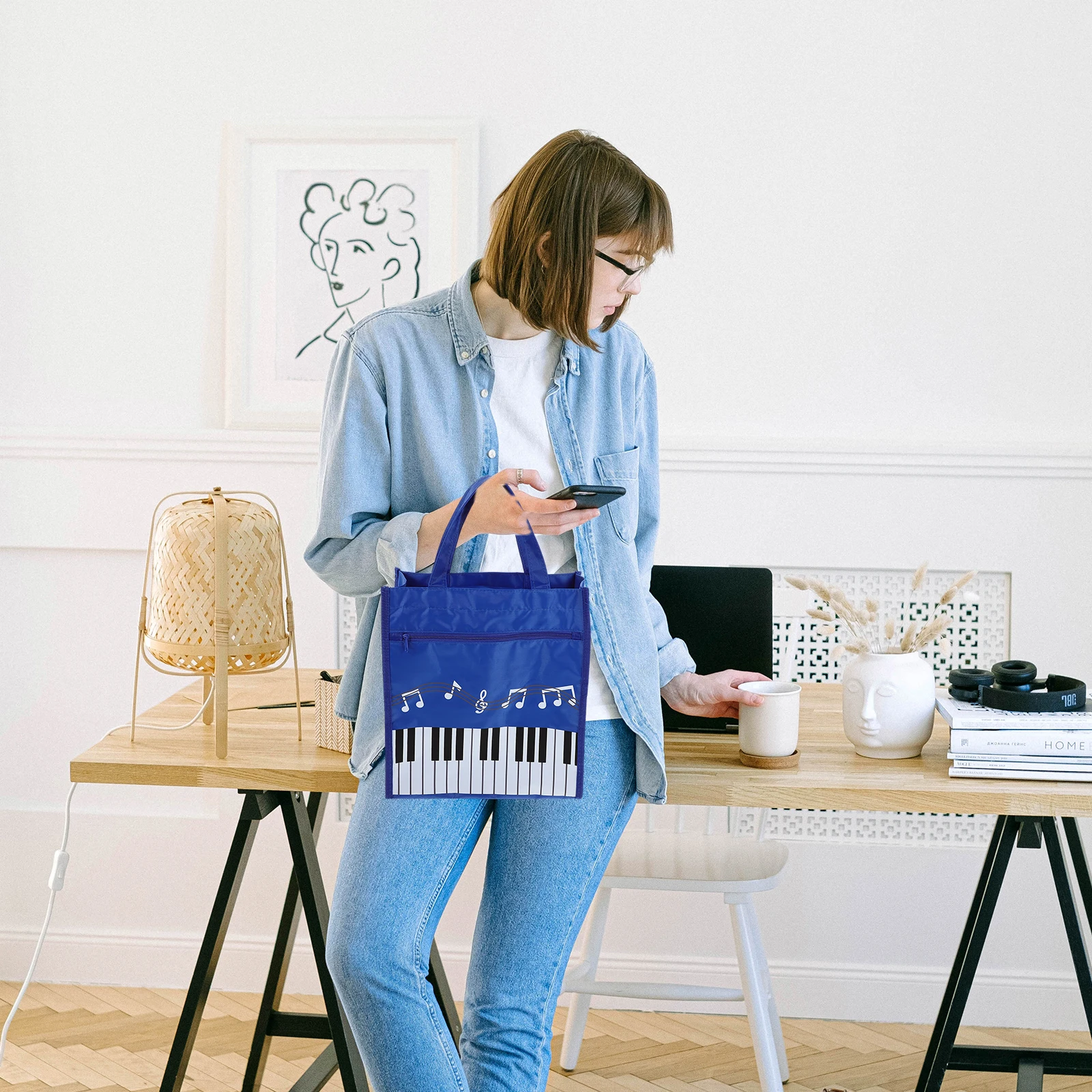 

Music Note Blue Storage Handle for Books Music Note Bag Piano Portable Large Capacity Women Portable Tote Bag Student