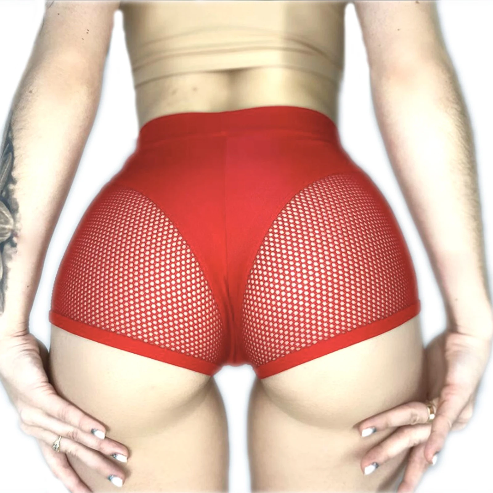 Womens Hollow Out Fishnet Booty Shorts Mid Waist Elastic Waistband Hot Pants for Sports Fitness Workout Yoga Pole Dancing