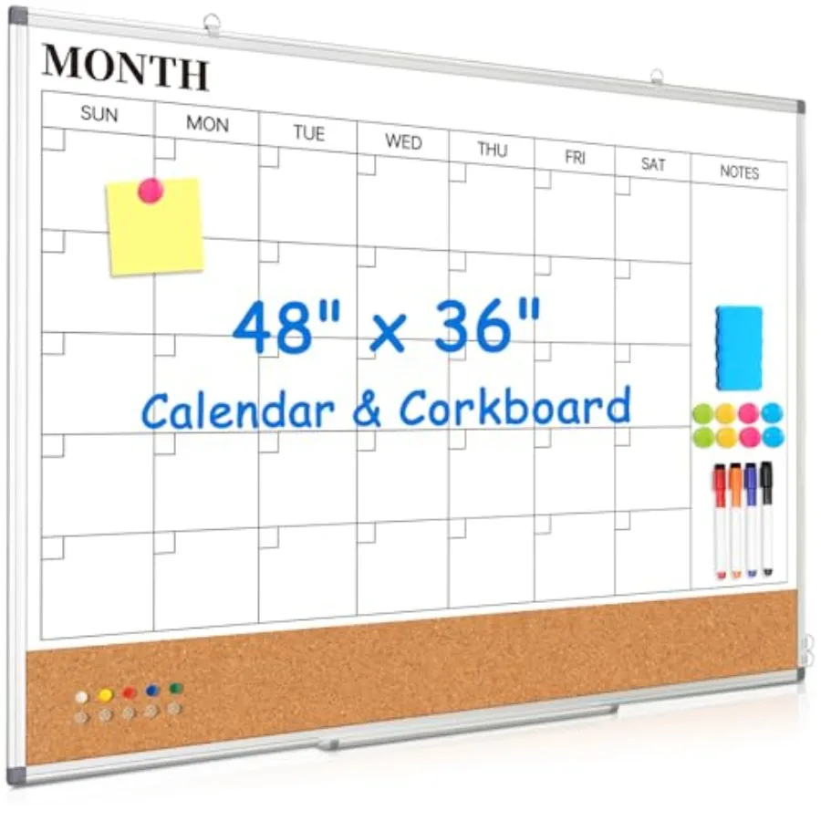 

Большой ежемесячный календарь-доска для стены, 48 x 36 дюймов, двусторонний, с функцией сухого стирания, комбинированная доска из белой доски и пробковой доски, алюминиевая рама