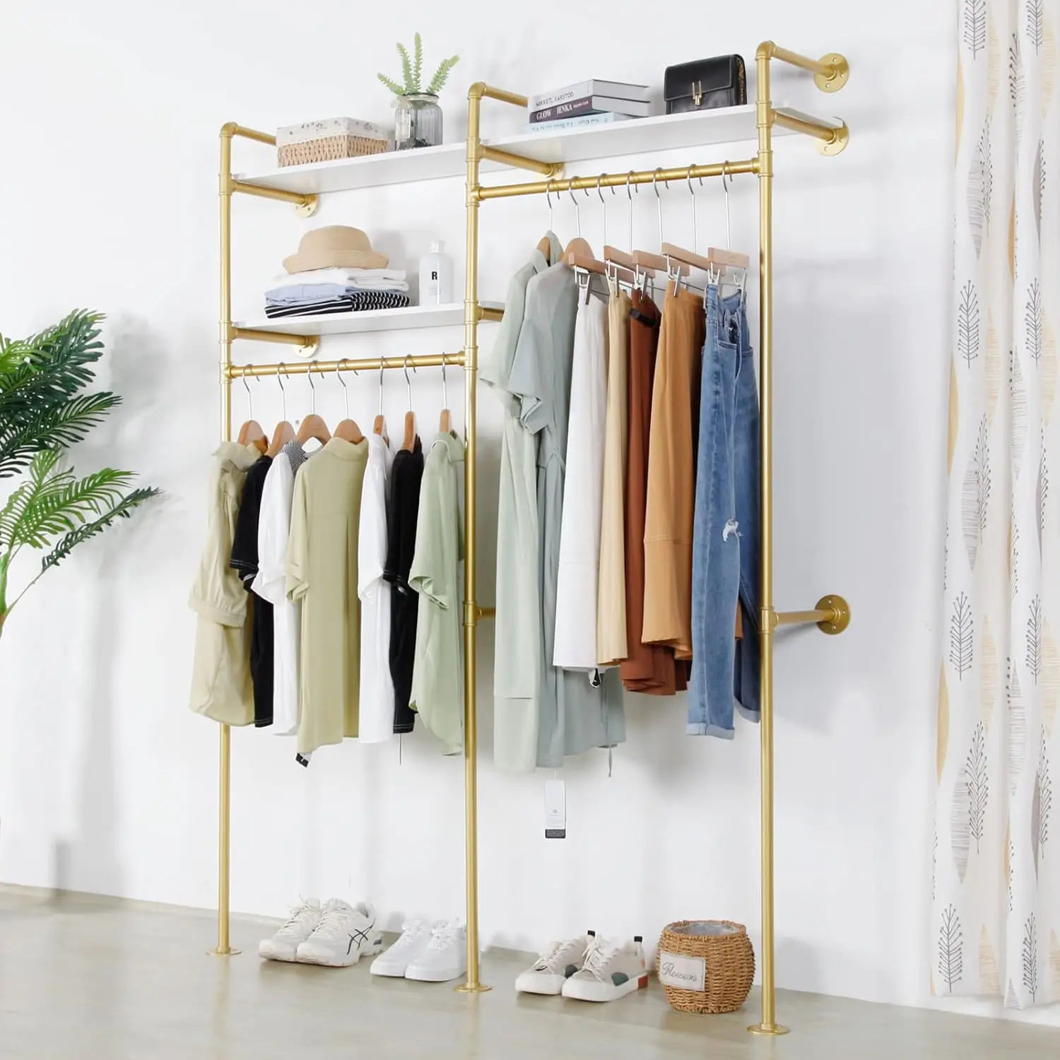 

Промышленная золотая вешалка для одежды с 2-уровневой полкой, двойные вешалки для одежды, настенная вешалка для одежды, витрина на стене