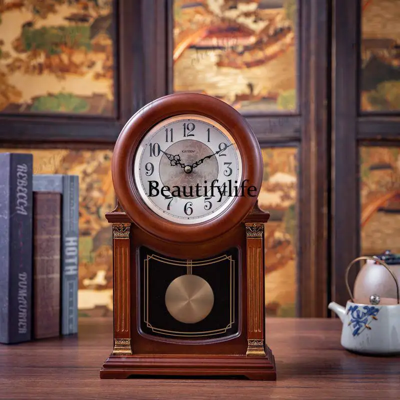 Solid wood clock, Chinese retro in the living room, hour clock, silent European quartz clock in the bedroom