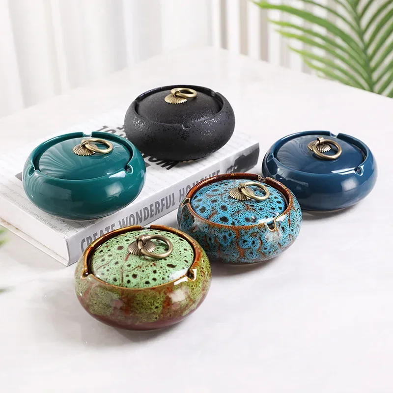 

Creative Kiln Change Ceramic Ashtray with Lid Vintage Home Office Ashtray Anti-fly Ash Living Room Decoration for Boyfriend Gift