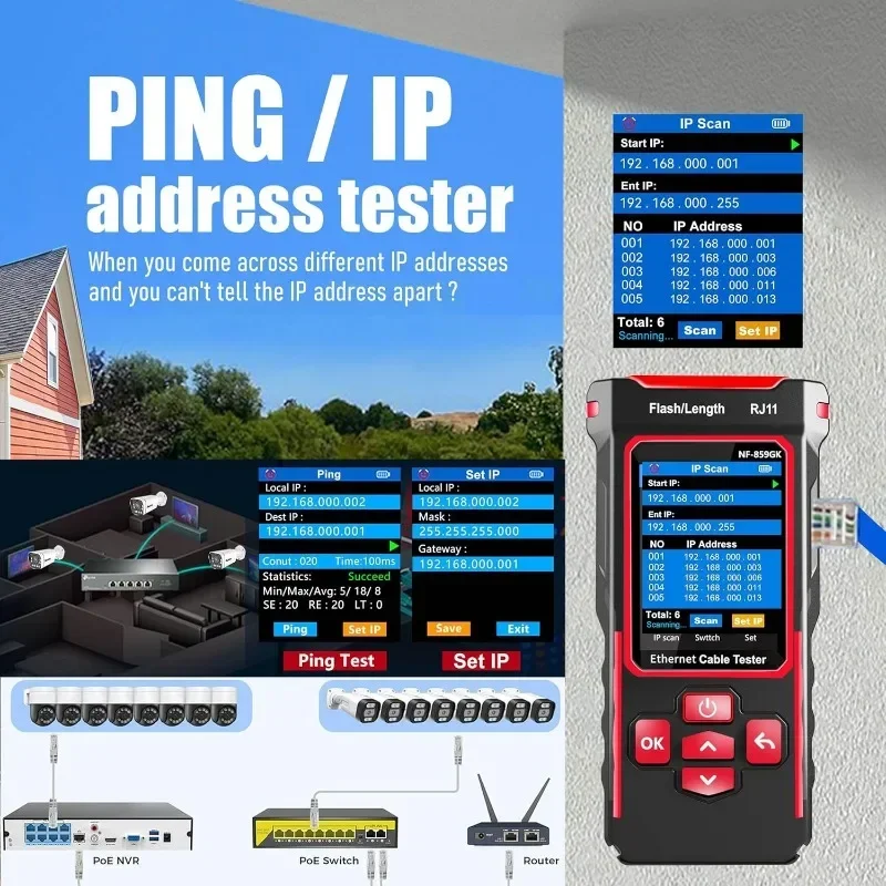 NF-859GK/GT/GS Network Cable Tester Ethernet Phone Line Tester RJ45 RJ11 TDR PING POE LP Tester for CAT5 CAT6 Cable Toner view 6