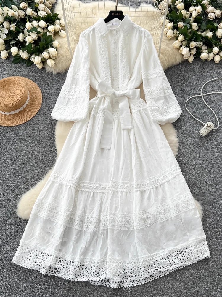 Spring France Elegant Vintage Long Evening Dress Women Hollow Out Lace Button Party Dress Female Casual Chic Festival Clothing