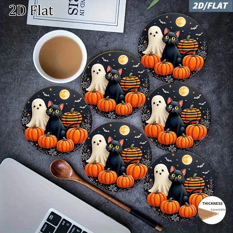 6pcs 2D Suitable for Halloween Spooky Cat Pumpkin Coasters ProtectorsDining Table, Wood Coasters Suitable for Home Gifts