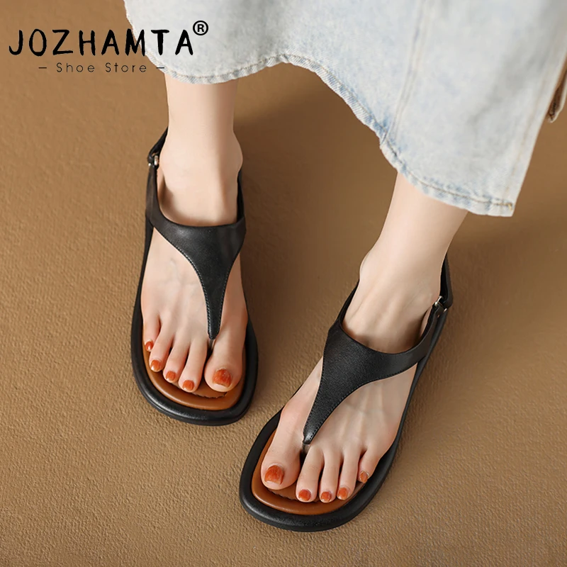 JOZHAMTA Size 34-39 Real Leather Women Flats Sandals 2025 Ins Fashion Flip Flops Low Heels Summer Shoes Casual Daily Beach Dress