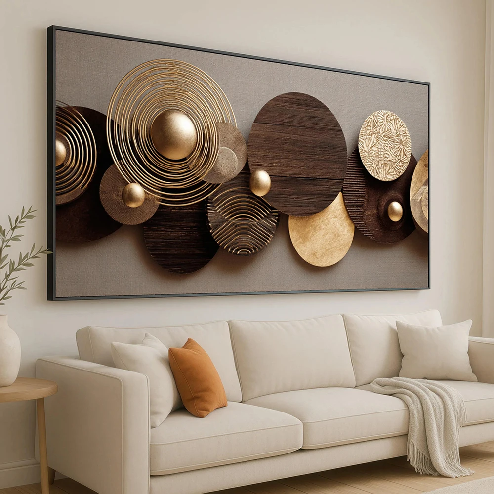 Modern Metallic Circles Canvas Wall Art, Abstract Geometric Decor, Gold and Brown Circles, Contemporary Home Decoration, No Fram