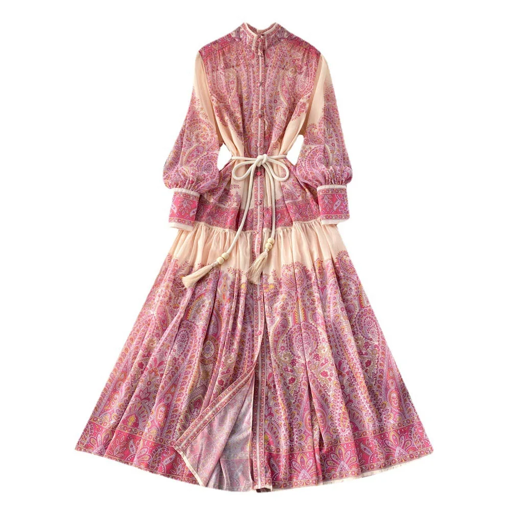 ฤดูใบไม้ผลิและฤดูร้อนความรู้สึกการออกแบบใหม่ยืนขึ้นคอโคมไฟแขนพิมพ์ชุดหลวมและลดน้ําหนักไหลกระโปรงยาว