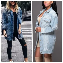 Summer Solid Color Simple New Top Jacket Loose Mid-Length Denim Trench Coat Women