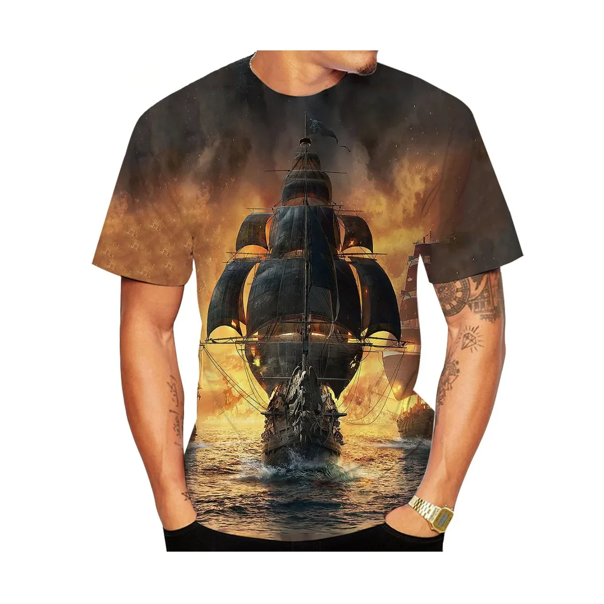 Summer Pirate Ship Fire 3D Printed T-Shirt Streetwear Men Fashion Harajuku Casual Oversized O Neck T-Shirt T-Shirt Tops Cl