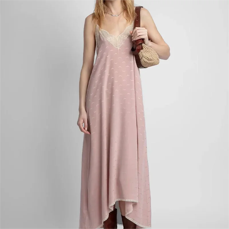 Zadig Women Summer Long Dress Fashion Wing Jacquard Classic Dresses Female Sexy V-Neck Spaghetti Strap Pink Casual Long Robes