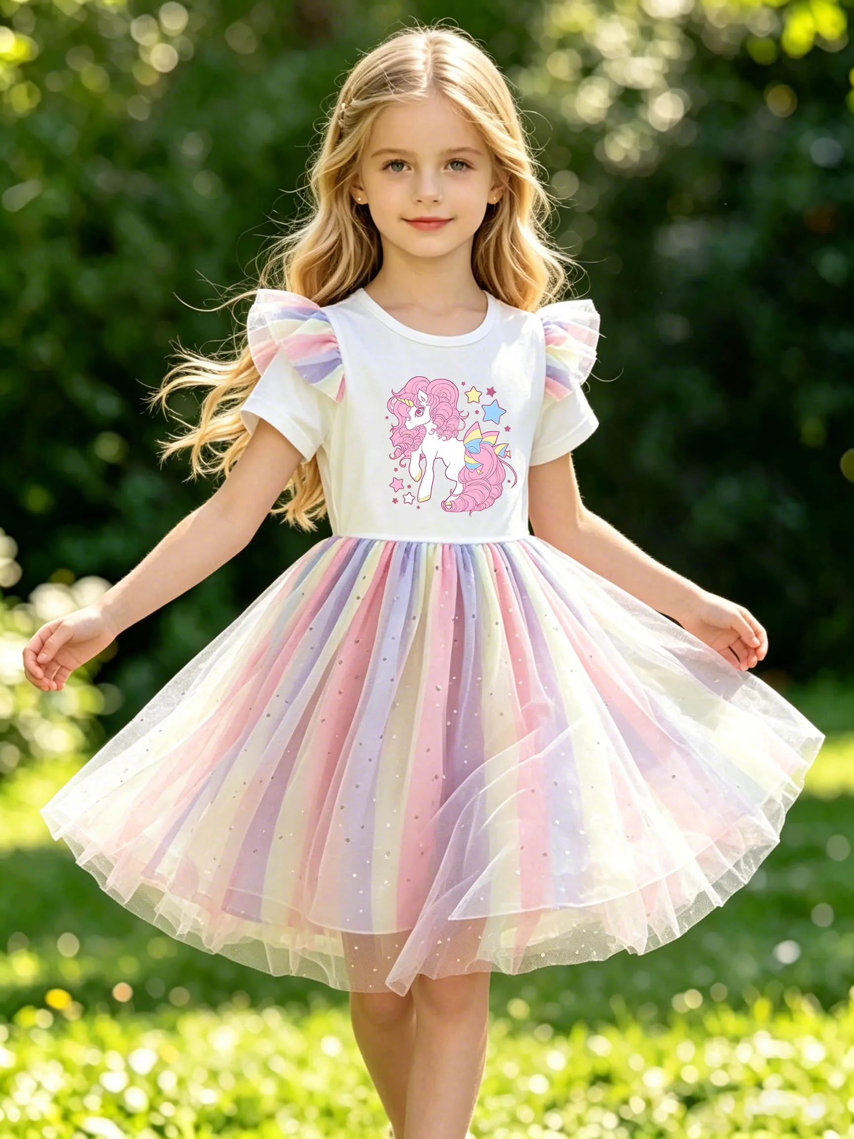 Robe à manches bouffantes pour filles, motif étoile licorne, jupe tutu princesse en tulle à paillettes arc-en-ciel pour l'été