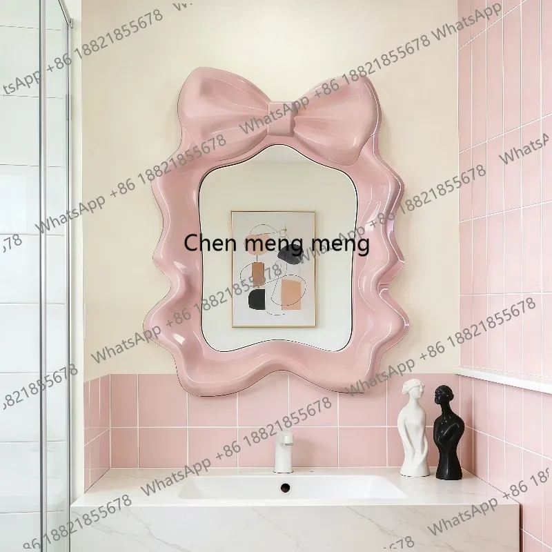 R134 Girl's heart pink bow bathroom mirror wall-mounted vanity mirror bathroom cream wind special-shaped mirror