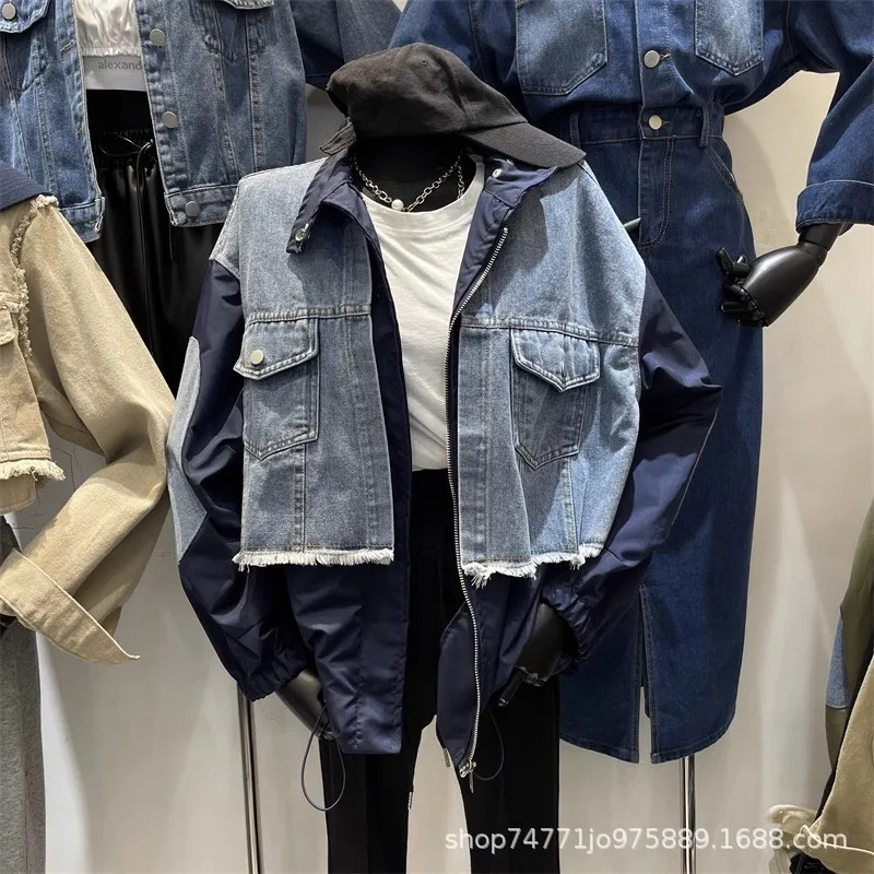 Women Patchwork Denim Bomber Jacket Spring Autumn Fake Two Piece Loose Drawstring Waist Patchwork Jean Coat Cowboy Cardigan Tops