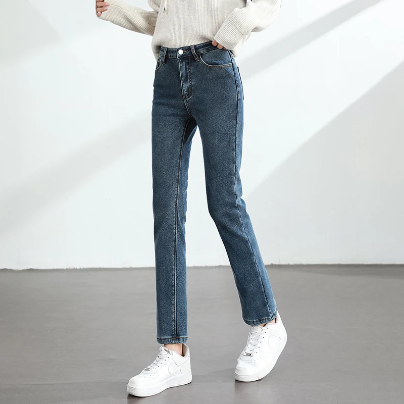 Women's Winter Fleece Warm Jeans Retro Elastic Thickened Comfortable Straight Fashion Korean Casual Female Velvet Denim Pants