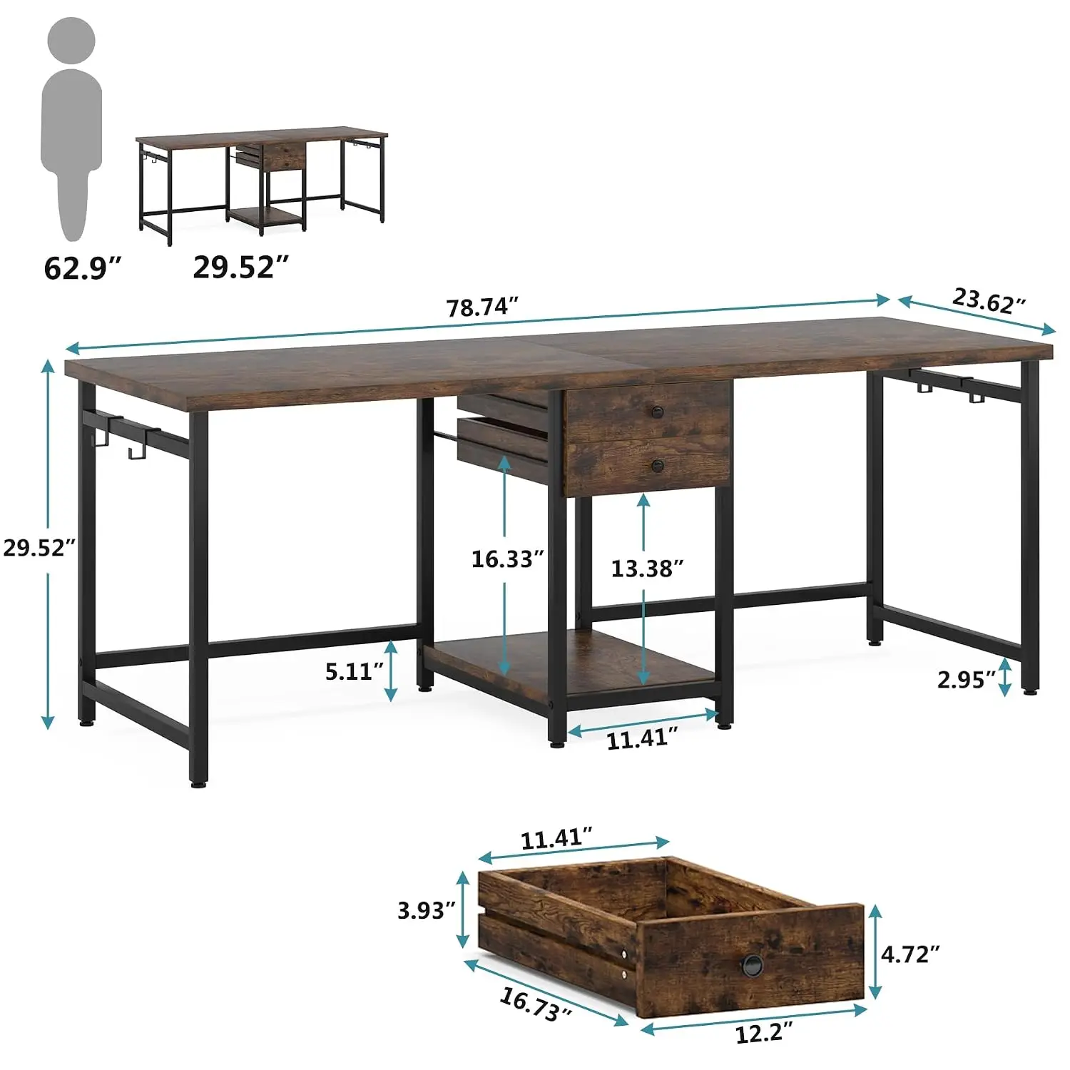 Two Person Desk 79 Inch With 2 Drawers & Storage Shelves, Large Computer Writing Study Table For Home Office, Customized