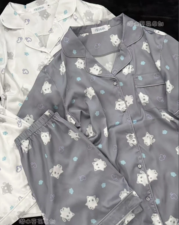

Original Pajama Set Gray and White Girls Subculture Y2k Anime Print Loose Cute Sleepshirt Set Japanese Style Summer Sleepwear