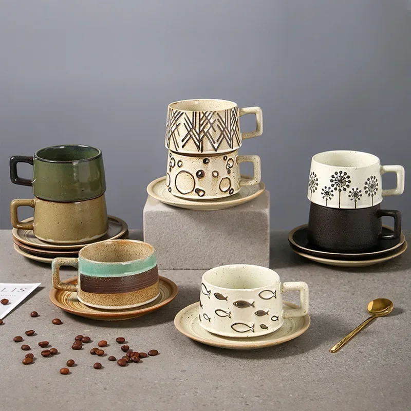 Ceramic Coffee Cup Suit, Japanese High-End Milk Tea Shop Cup, Retro Stoneware Cup and Saucer