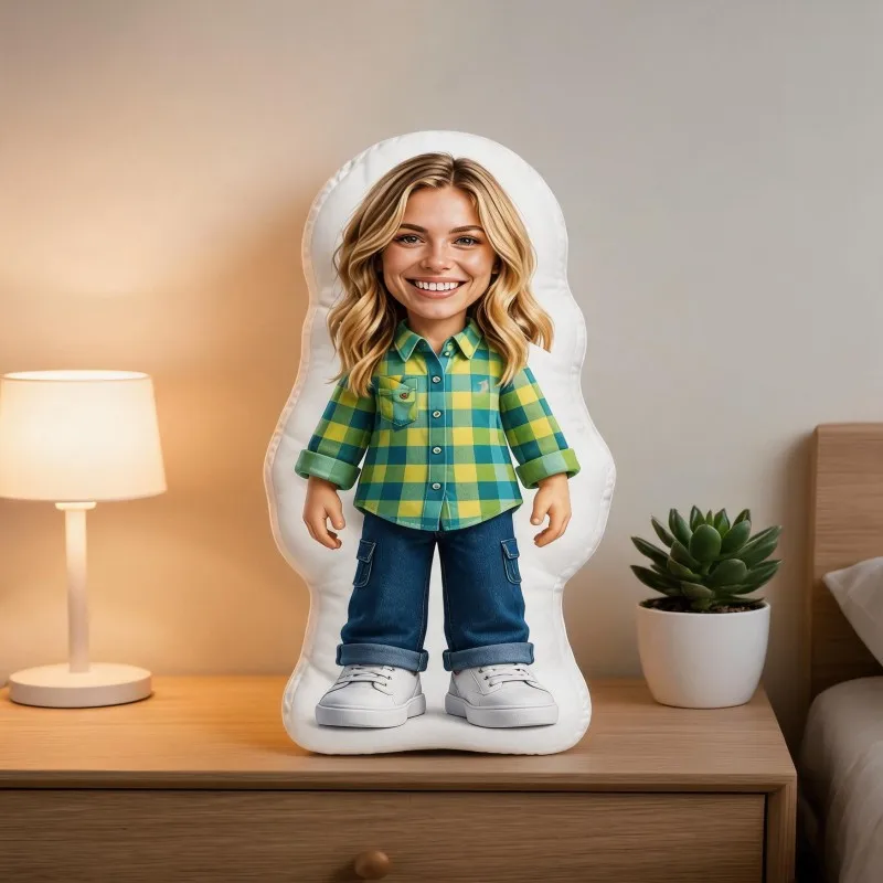Custom Personalized Photo Face Pillow, Smiling Woman in Plaid Shirt Custom Shaped Decorative Cushion, 70CM Home Decor Accent for