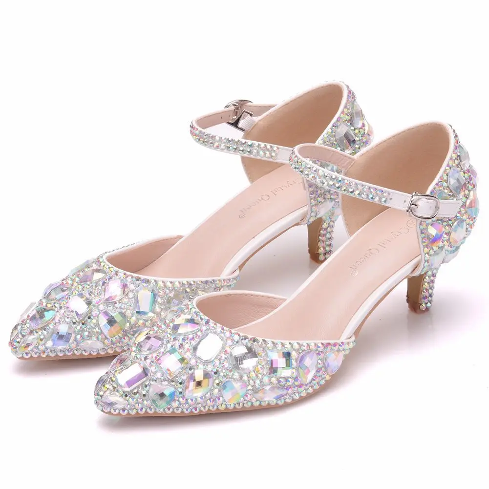 Fashion Pointed Toe Pumps Sandals Elegant Crystal PU 5.5CM Thin Heels Princess Rhinestone Slingback Casual Woman Shoes Dress