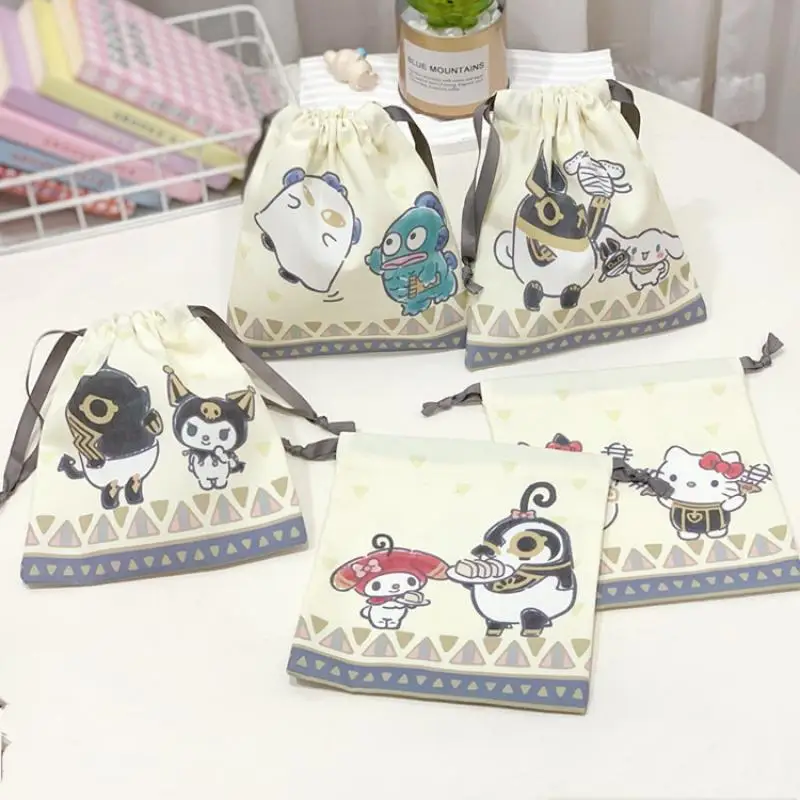 Kawaii Sanrio Canvas Storage Bag Hello Kitty Cinnamoroll Kuromi Cartoon Drawstring Pocket Girl Gift Bag Happy Candy Lucky Bag