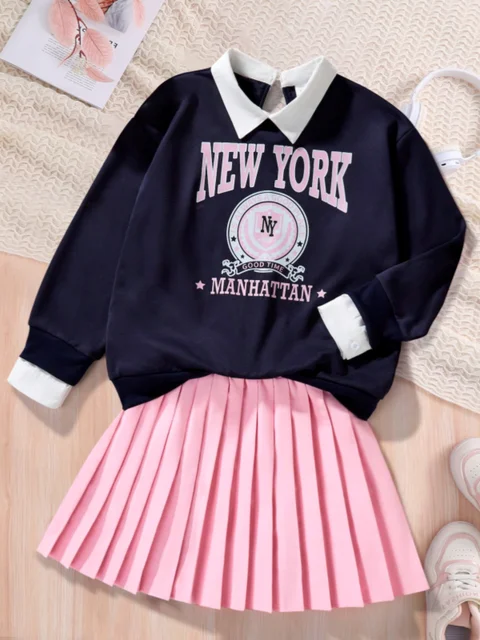 Dziewczęca sukienka w stylu preppy, różowa, z długim rękawem, na wiosnę i jesień, modna, na zewnątrz, z nadrukiem liter, z kołnierzykiem, plisowana spódnica, zestaw 2-częściowy.