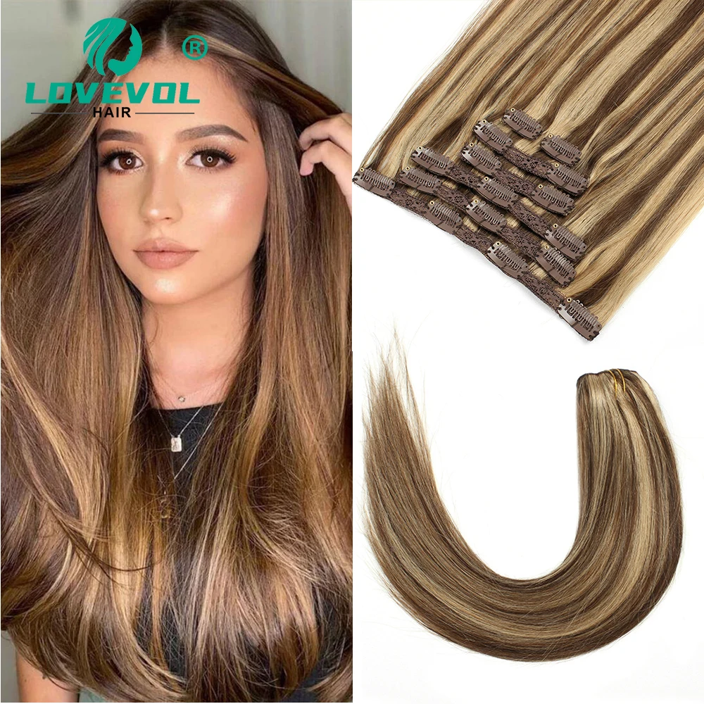 Lovevol-extensiones de cabello humano brasileño, pelo con Clip de Color Piano, serie voluminosa, trama doble, aumento de longitud, 7 unidades, 100g