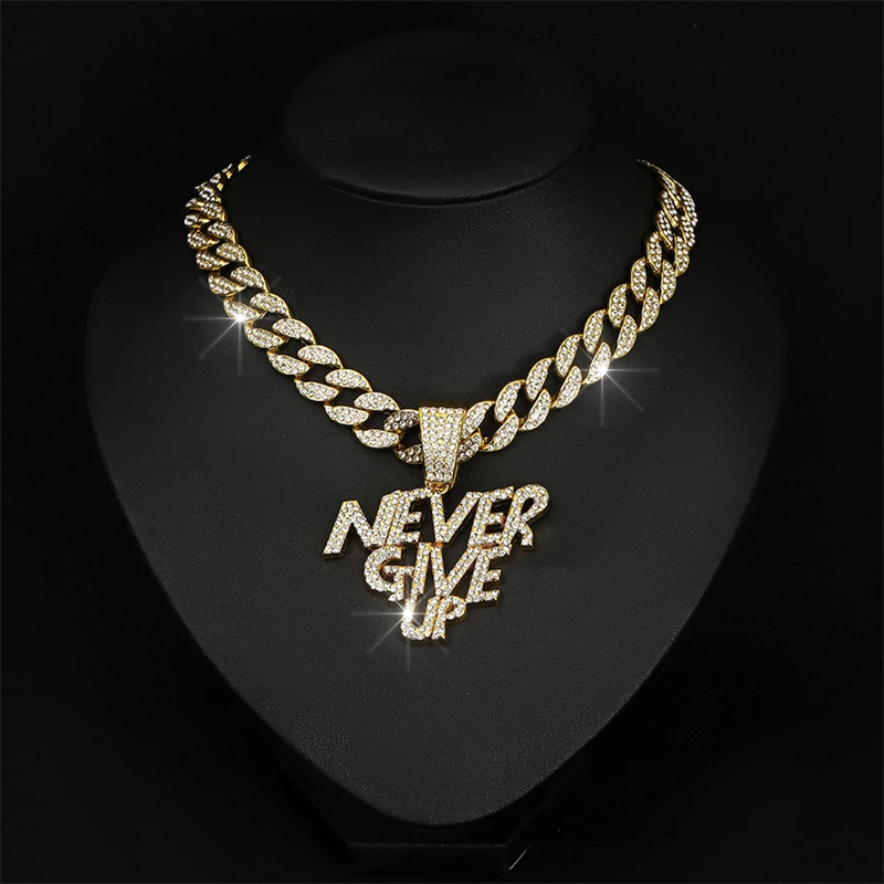 

Men Women Punk Fashion Cuban Link Chain Necklace NEVER GIVE UP Pendant Hip Hop Necklaces Jewelry Personality Gift